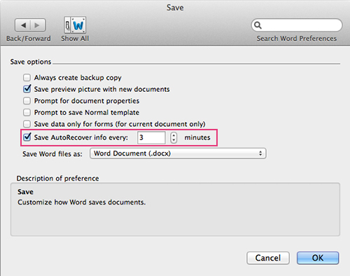 change where word 2016 for mac saves autorecover